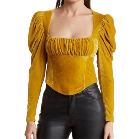 Free People Hold Me Puff Sleeve Velvet Top In Glistening Gold. NWT! Sz S - Picture 2 of 10